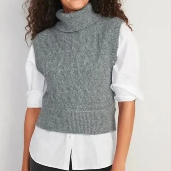 Old Navy Sleeveless Cable Knit Cropped Turtleneck‎ Sweater M Grey - Picture 1 of 5